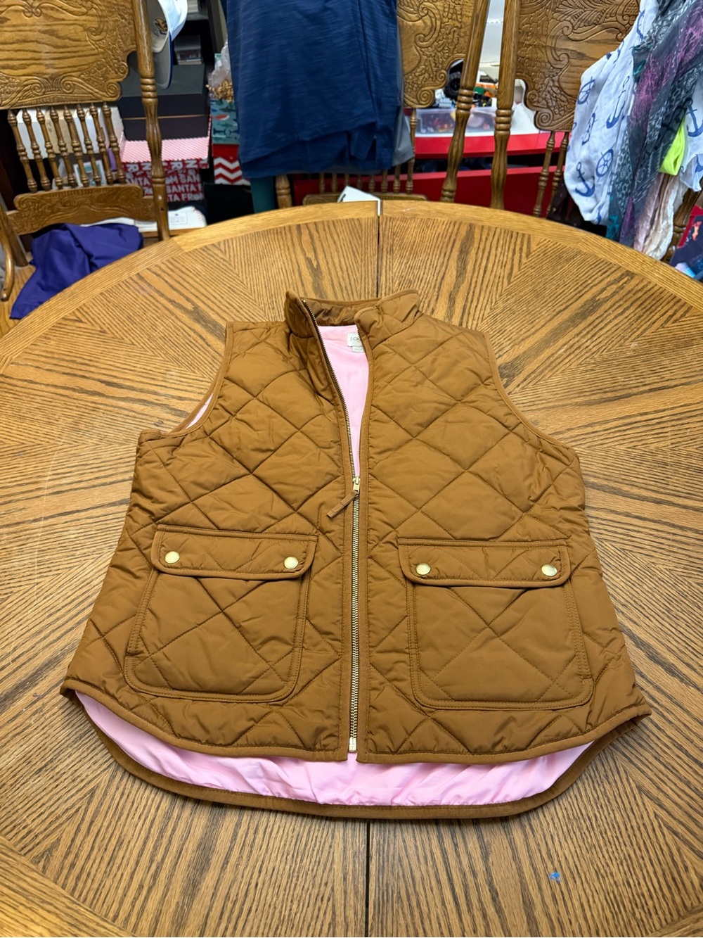 J. Crew Quilted Brown Vest with Pink Lining